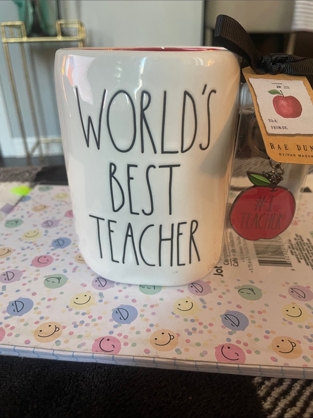 Rae Dunn White Ceramic Mug with Red Interior and Apple Charm